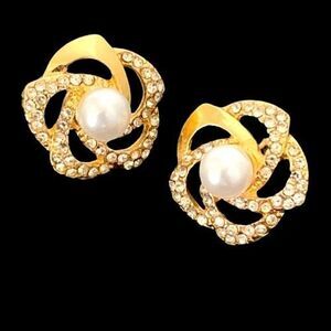 Camellia Flower Stud Earrings with Crystals & Faux Pearl Center in Gold Tone